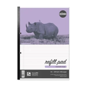RHINO Office A4 Refill Pad Sidebound 400 Pages / 200 Leaf 6mm Lined with Margin