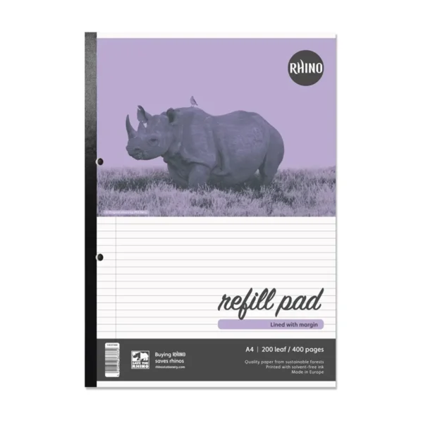RHINO Office A4 Refill Pad Sidebound 400 Pages / 200 Leaf 6mm Lined with Margin